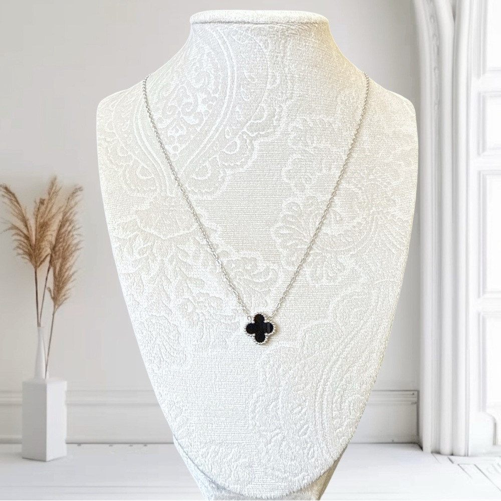 Silver Black Onyx Enameled Clover Necklace Double Sided